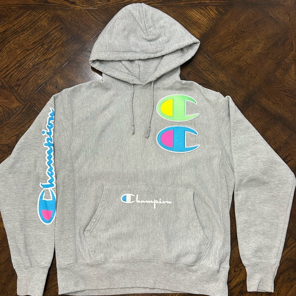 vintage reverse weave Champion Gray Hoodie with Colorful Logos